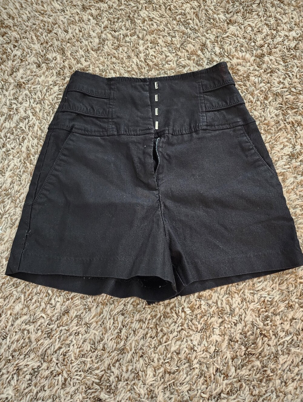 Forever 21 High Waisted Black Corset Shorts XS Hook Eye Zip Waist Flaw